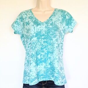 Columbia Omni-Freeze Advanced Cooling V-Neck T-Shirt Teal Geometric Print Medium